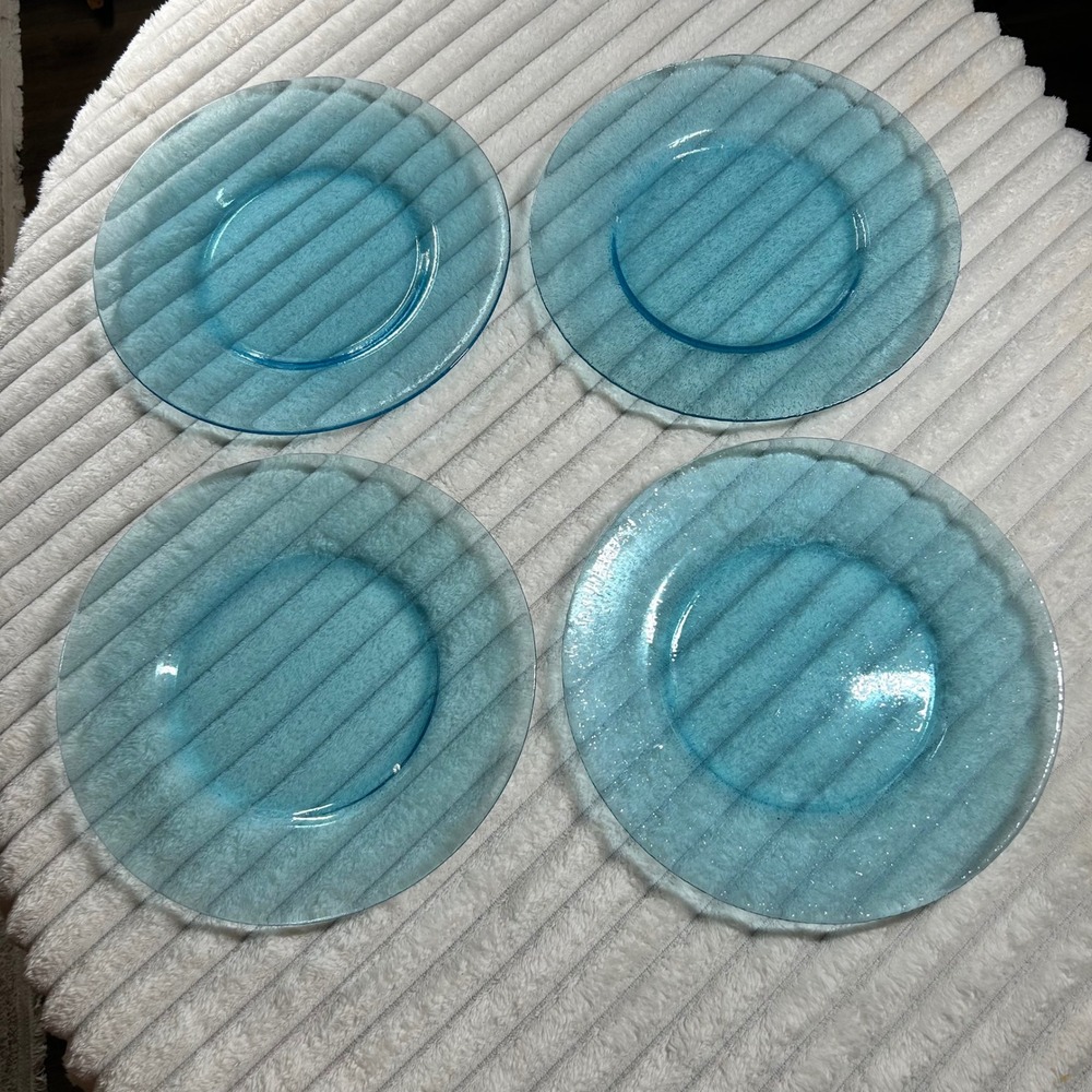 Set 4 Aqua Blue Seeded Glass Charger Dinner Plates 13" Turquoise Bubble Texture
